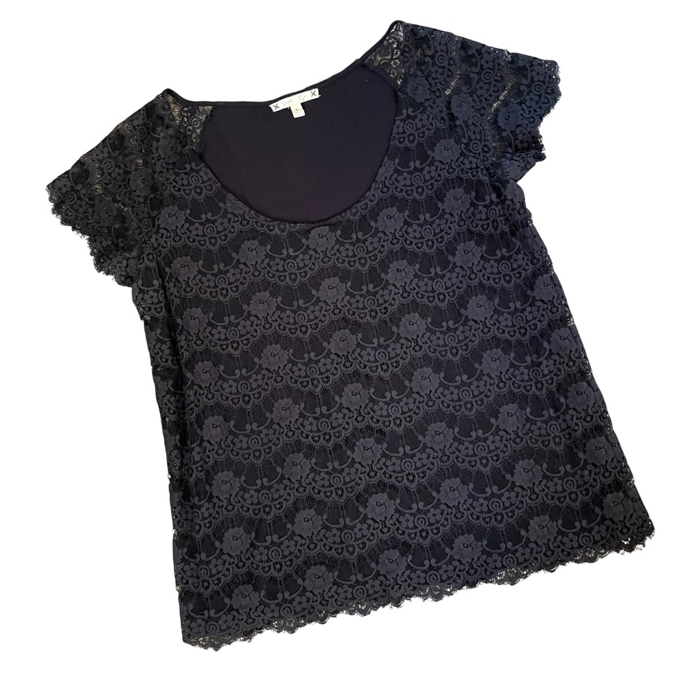 Soft Joie Black "Eyelash" Lace Top Scalloped Blouse Lg Gothic Goth Dark Academia